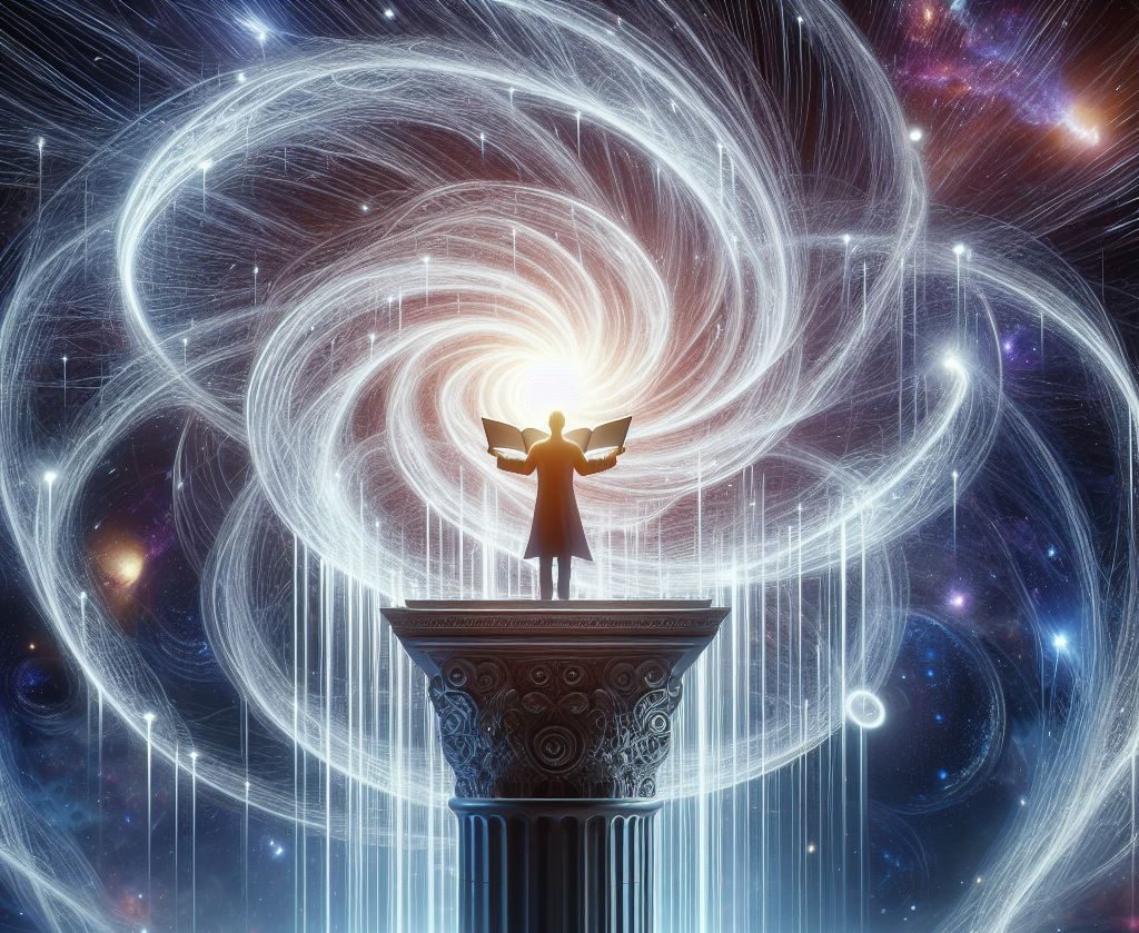 person or angel standing on pilar with swirl of light coming from them