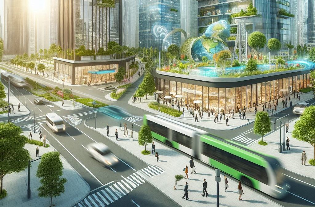 Futuristic city street with plants and greenery
