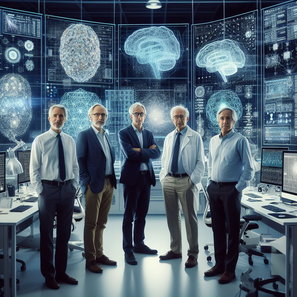 5 AI professors standing in a lab with images of a brain above their heads