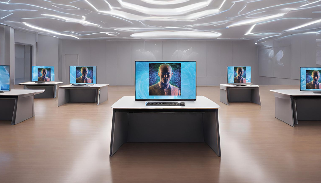AI Professors computer screens in a large room on pedestals