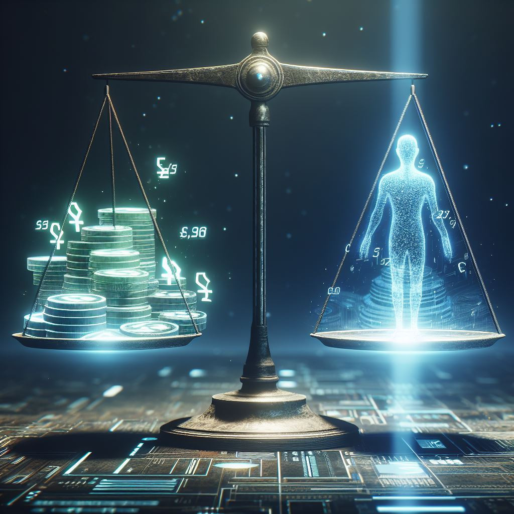 Balance Scale Money on one side a hologram outline of a person on the other side