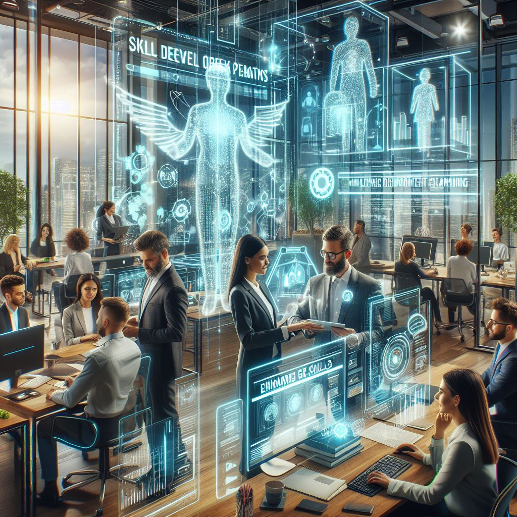 Cosmic collaboration people working at desks with holograms all around