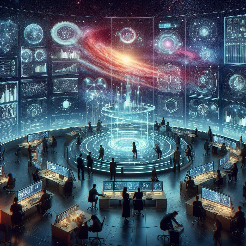 Image of a universe projected above a floor surrounded by desks and workers