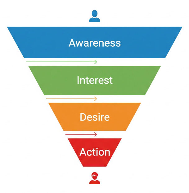 sales funnel showing levels awareness, interest, desire, action