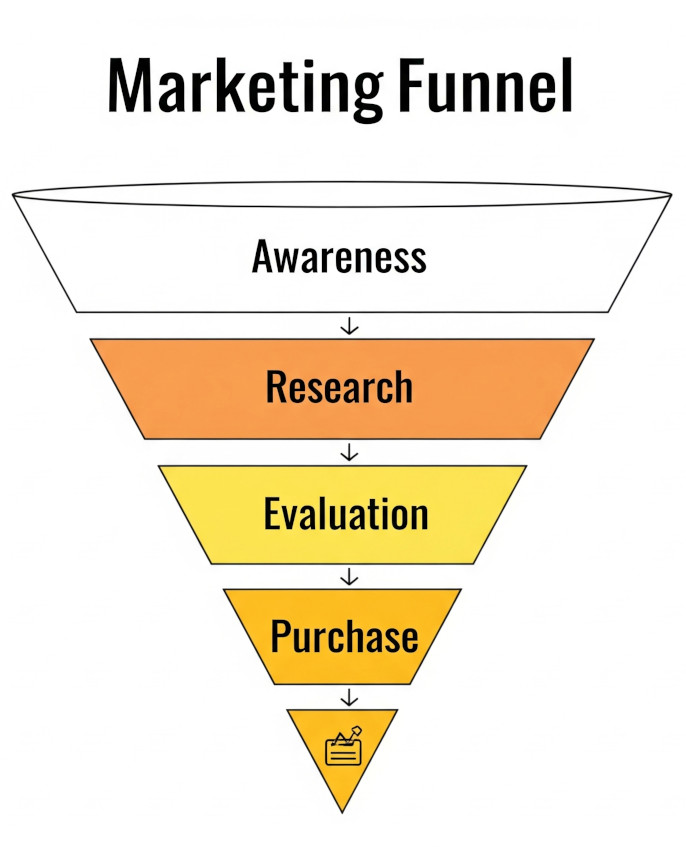 MarketingFunnelGemini_Generated700 Marketing Funnel - awareness, research, evaluation, purchase