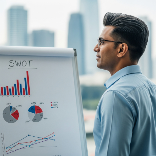 Man looking at SWOT analysis of his company
